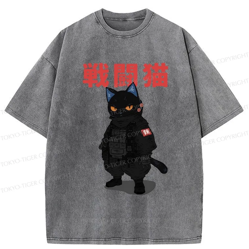 Tokyo-Tiger Fighting Cat Washed T-Shirt
