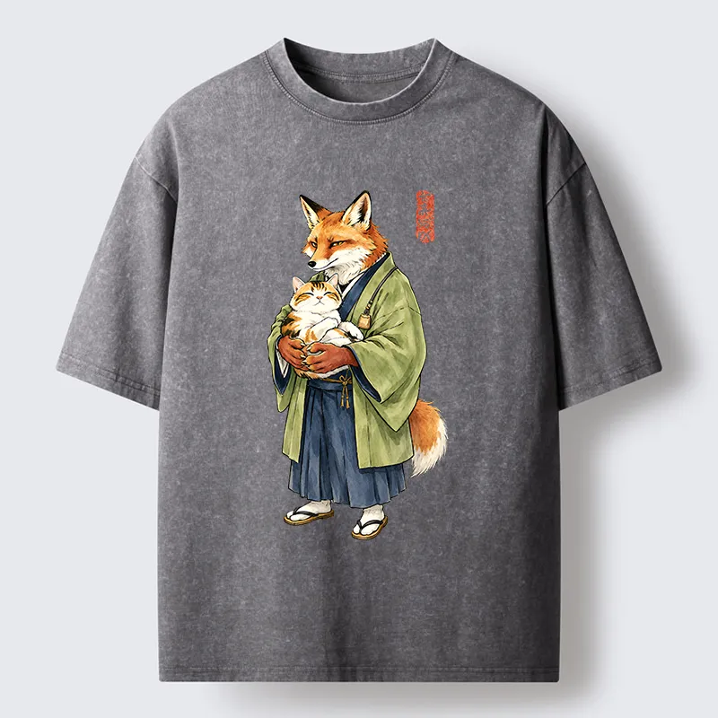 Tokyo‑Tiger Kimono Fox Holding Cat Washed T‑Shirt