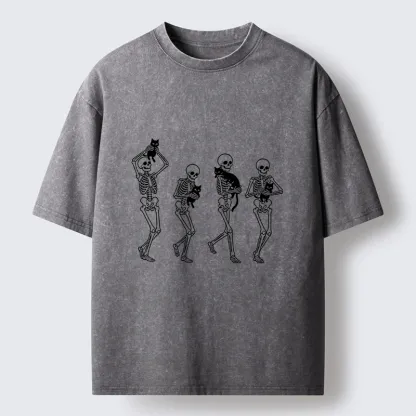 Tokyo‑Tiger Funny Skeleton Cat Meme Washed T‑Shirt