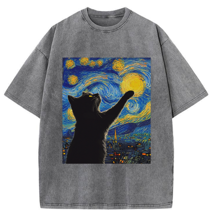 Tokyo-Tiger Black Cat Touch The Moon Washed T-Shirt