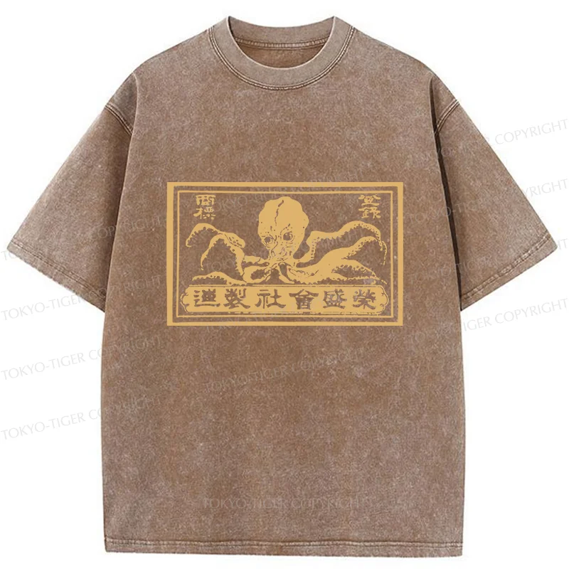 Tokyo-Tiger Woodcut Octopus Washed T-Shirt