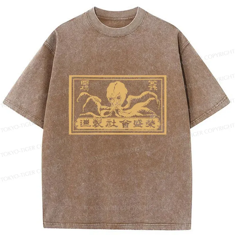 Tokyo-Tiger Woodcut Octopus Washed T-Shirt