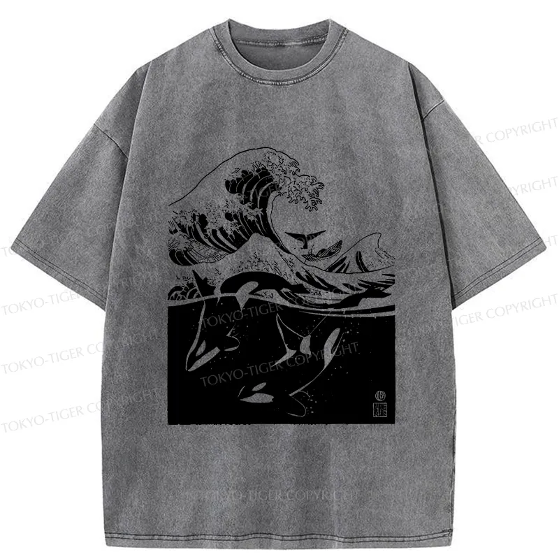 Tokyo-Tiger Whales In The Great Waves Washed T-Shirt