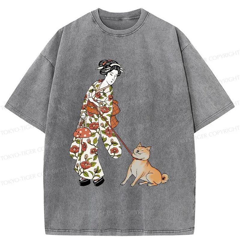 Tokyo-Tiger Geisha Walking Her Dog Washed T-Shirt