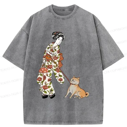 Tokyo-Tiger Geisha Walking Her Dog Washed T-Shirt
