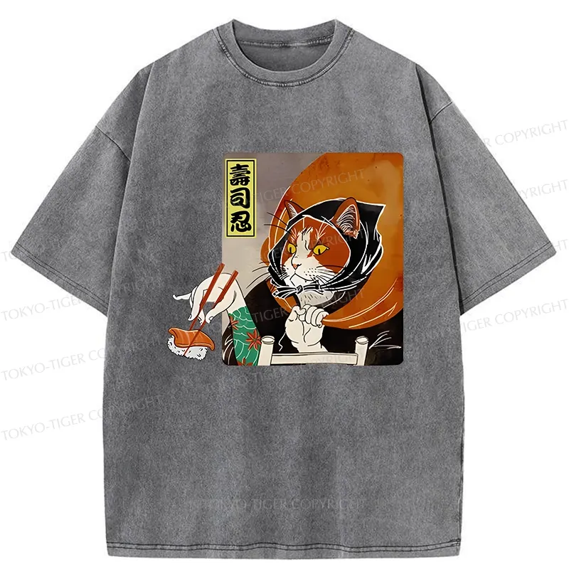 Tokyo-Tiger Sushi Ninja Cat Washed T-Shirt