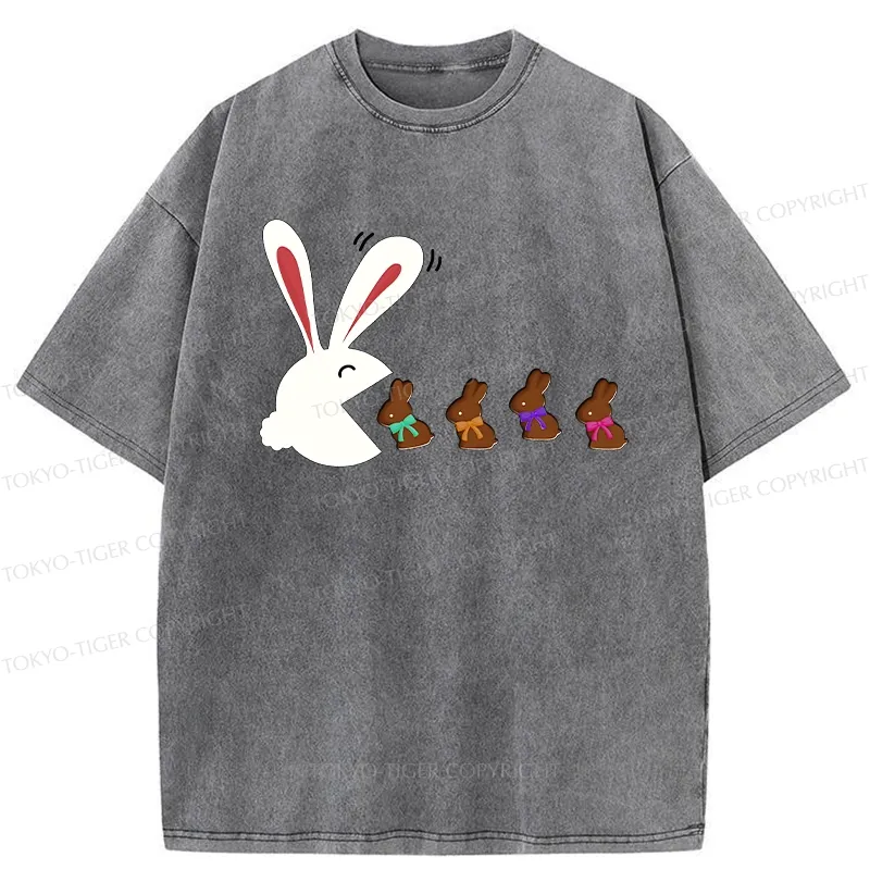 Tokyo-Tiger Funny Eating Chocolate Bunny Washed T-Shirt