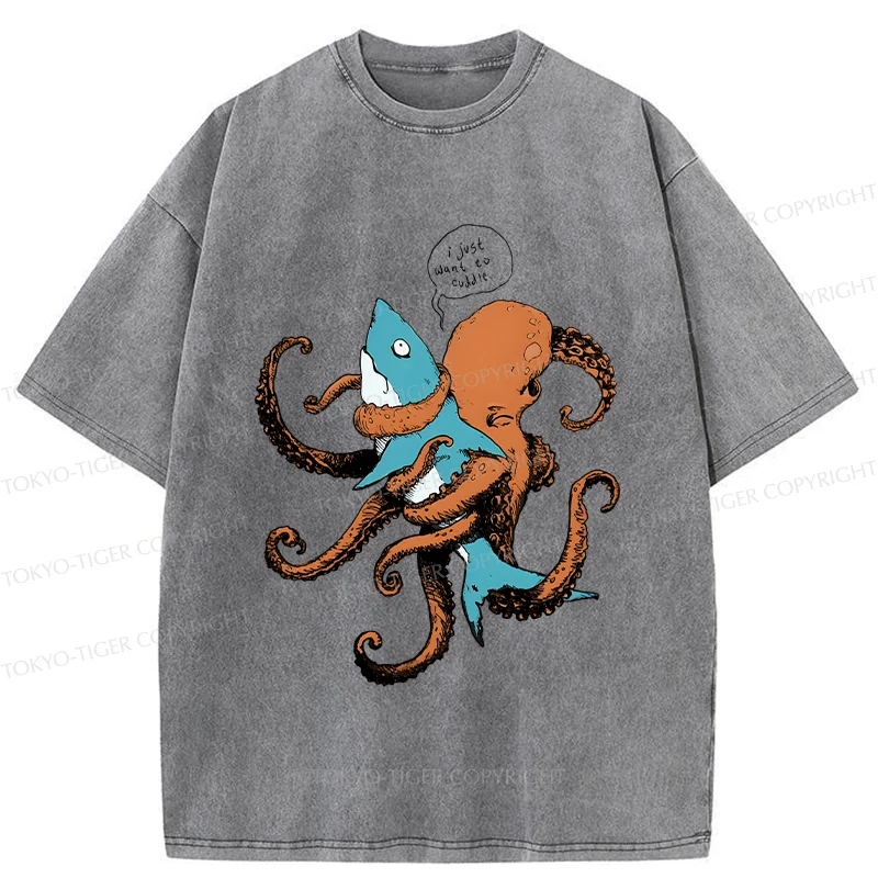 Tokyo-Tiger Octopus Entangles Shark Washed T-Shirt