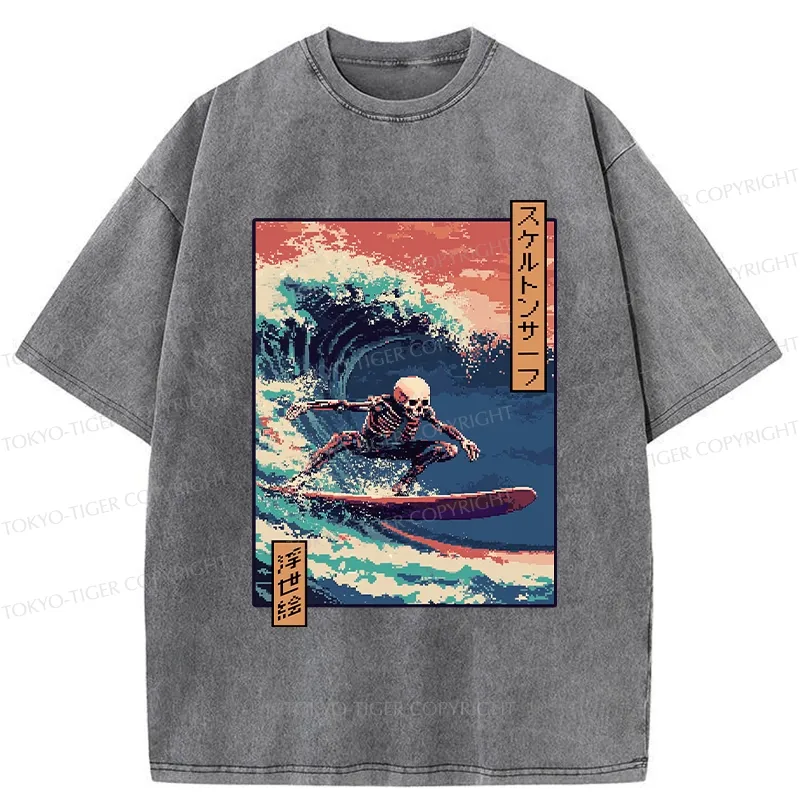 Tokyo-Tiger Skeleton Surfing Washed T-Shirt
