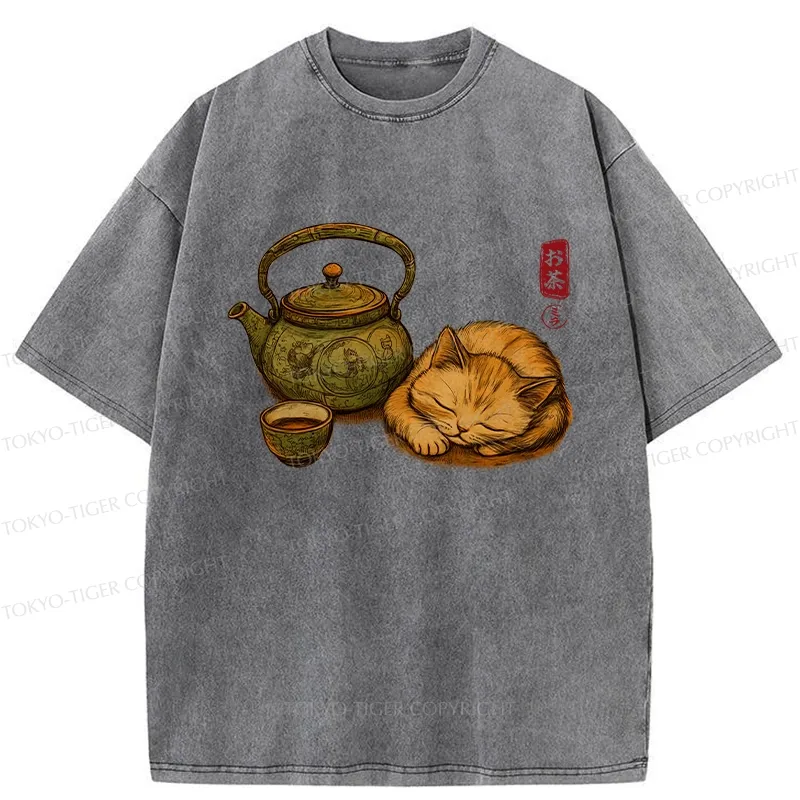 Tokyo-Tiger Tea Ceremony With Cat Washed T-Shirt
