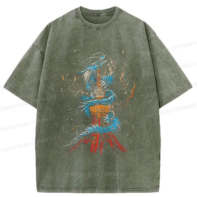 Tokyo-Tiger Dragon And Tokyo Tower Washed T-Shirt