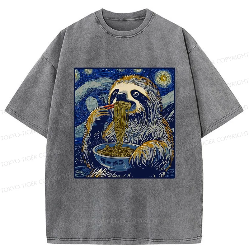Tokyo-Tiger Ramen Lover Cute Sloth Washed T-Shirt