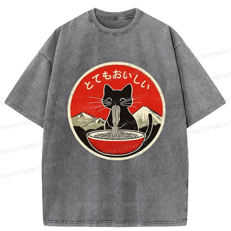 Tokyo-Tiger Cat Eating Yummy Ramen Washed T-Shirt