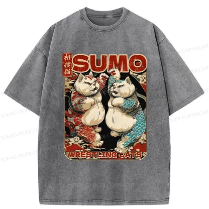 Tokyo-Tiger Wrestling Sumo Cats Washed T-Shirt