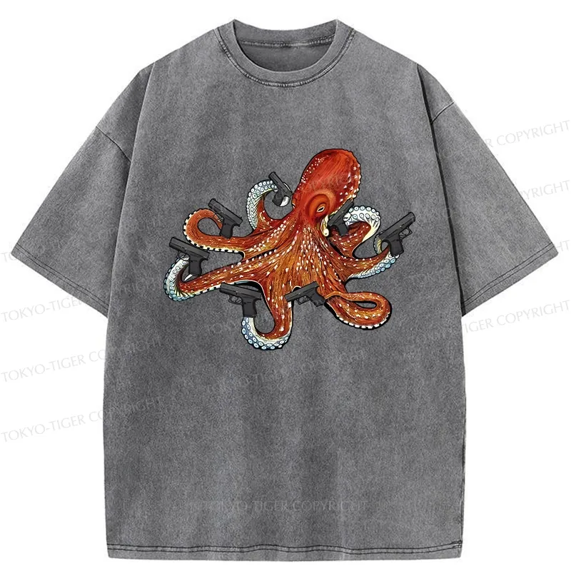 Tokyo-Tiger Funny Octopus With Guns Washed T-Shirt