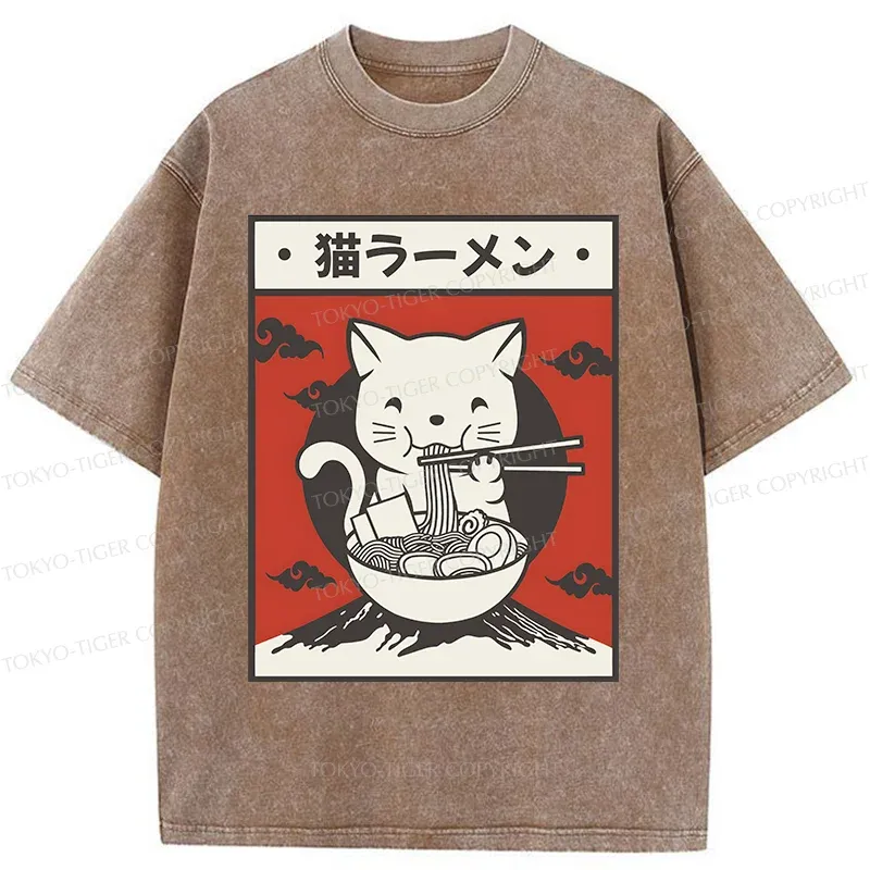 Tokyo-Tiger Retro White Cat Eating Ramen Washed T-Shirt