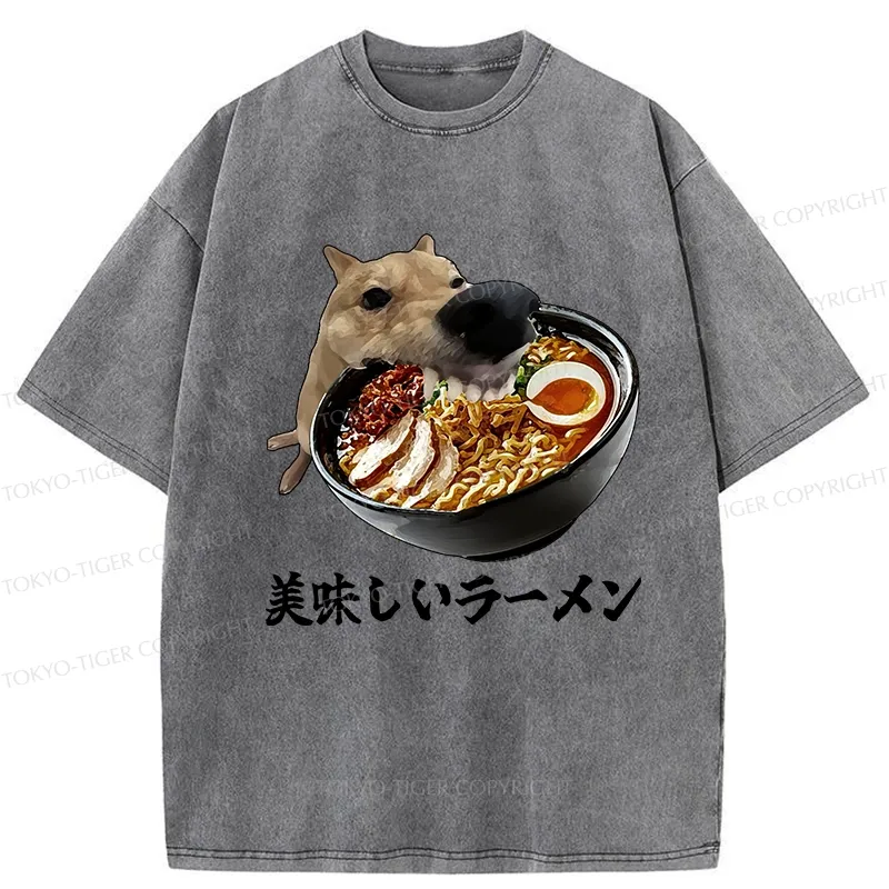 Tokyo-Tiger Funny Ramen Lover Dog Washed T-Shirt