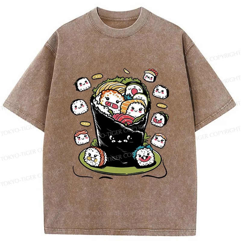 Tokyo-Tiger Sushi Burrito Funny Washed T-Shirt