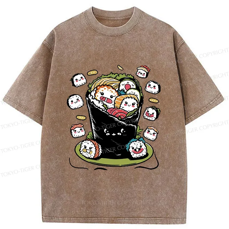 Tokyo-Tiger Sushi Burrito Funny Washed T-Shirt