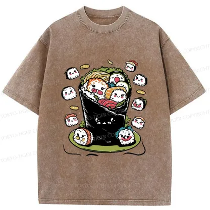 Tokyo-Tiger Sushi Burrito Funny Washed T-Shirt