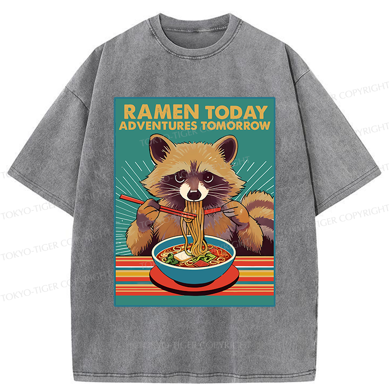 Tokyo-Tiger Raccoon Eating Ramen Washed T-Shirt