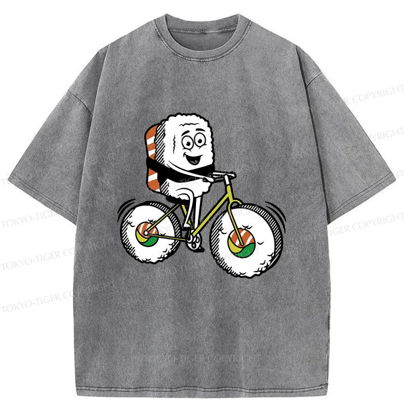 Tokyo-Tiger Cute Sushi Riding A Bicycle Washed T-Shirt
