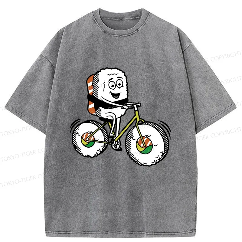 Tokyo-Tiger Cute Sushi Riding A Bicycle Washed T-Shirt