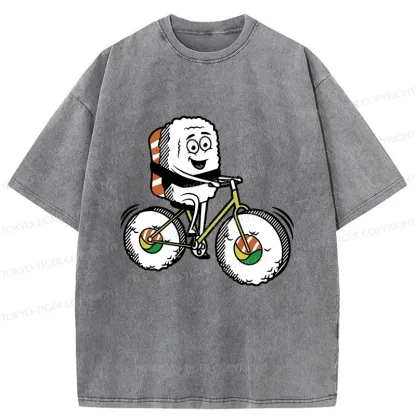 Tokyo-Tiger Cute Sushi Riding A Bicycle Washed T-Shirt