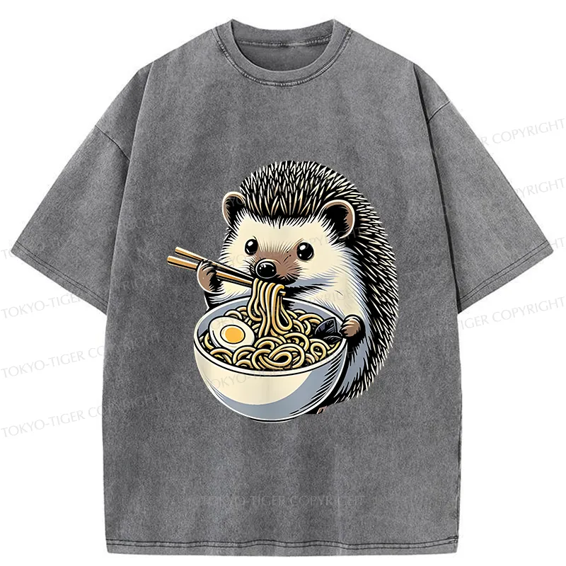 Tokyo-Tiger Hedgehog Eat Ramen Kawaii Washed T-Shirt