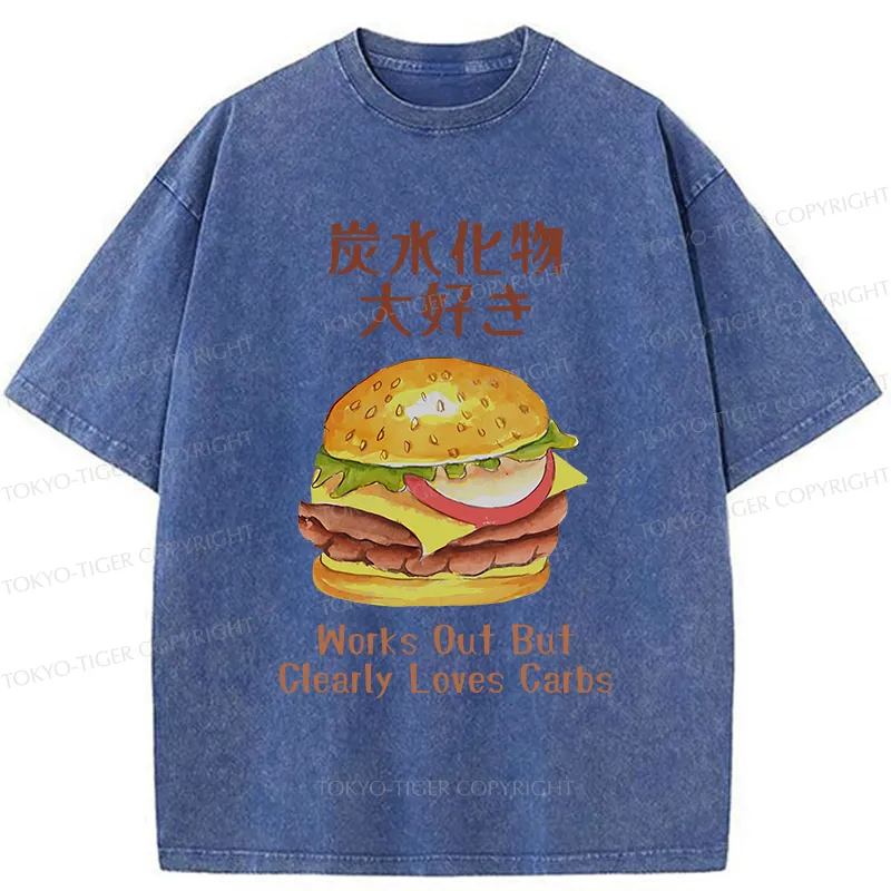 Tokyo-Tiger I Love Carbs Hamburger Washed T-Shirt