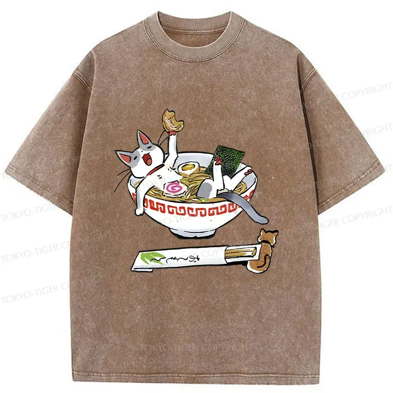 Tokyo-Tiger Cute Cat Ramen Washed T-Shirt