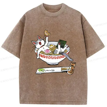 Tokyo-Tiger Cute Cat Ramen Washed T-Shirt