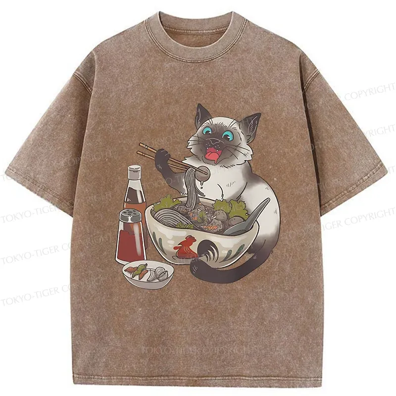 Tokyo-Tiger Siamese Cat Eating Ramen Washed T-Shirt