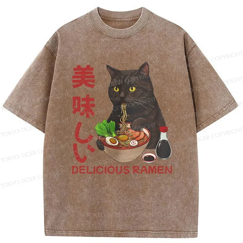 Tokyo-Tiger Black Cat Eating Delicious Ramen Washed T-Shirt