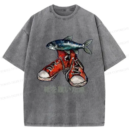 Tokyo-Tiger Fish Wearing Shoes Washed T-Shirt