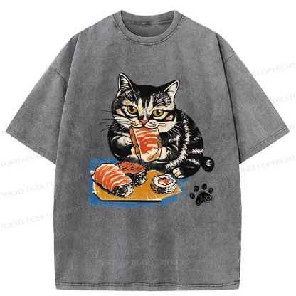 Tokyo-Tiger Sashimi Lover Cat Washed T-Shirt