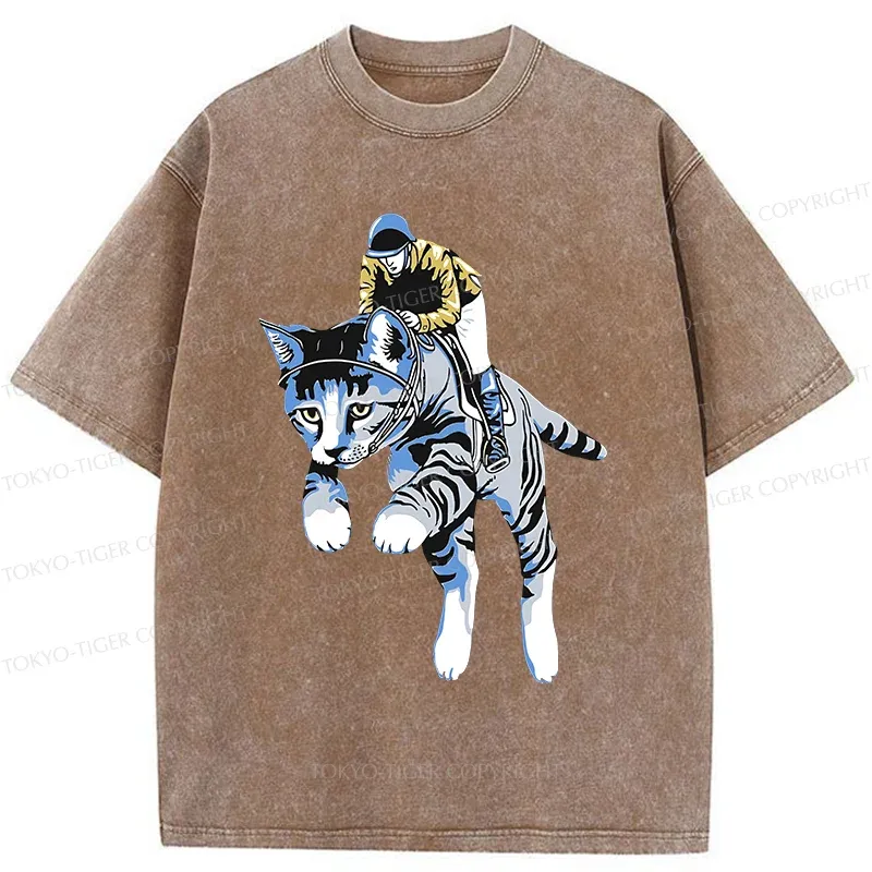 Tokyo-Tiger Cat Riding Skill Washed T-Shirt