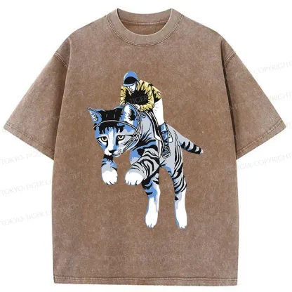 Tokyo-Tiger Cat Riding Skill Washed T-Shirt