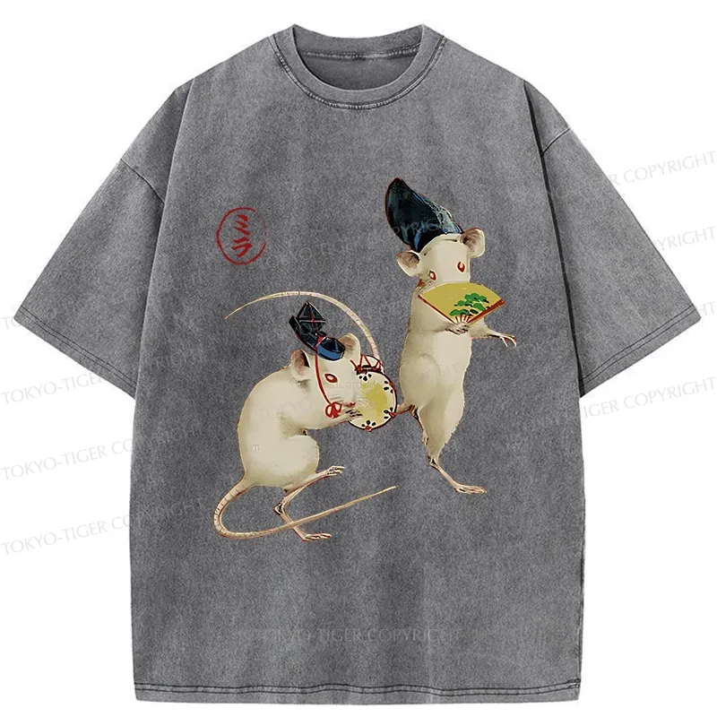 Tokyo-Tiger Retro Dancing Mouse Washed T-Shirt