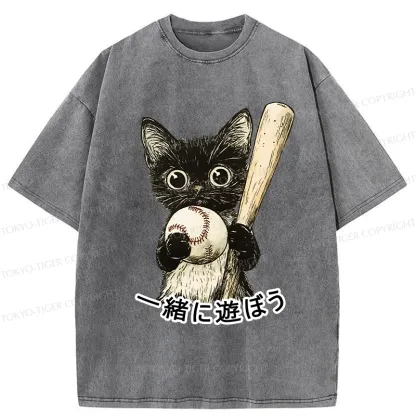 Tokyo-Tiger Cute Cat Playing Baseball Washed T-Shirt