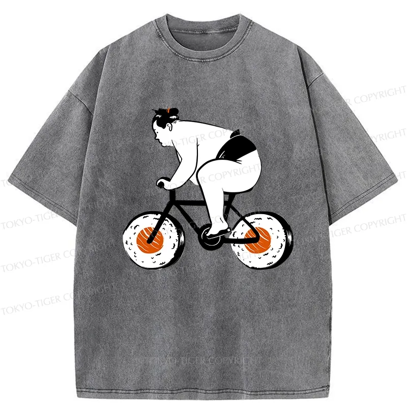 Tokyo-Tiger Sumo Riding A Sushi Bike Washed T-Shirt