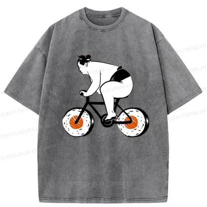 Tokyo-Tiger Sumo Riding A Sushi Bike Washed T-Shirt