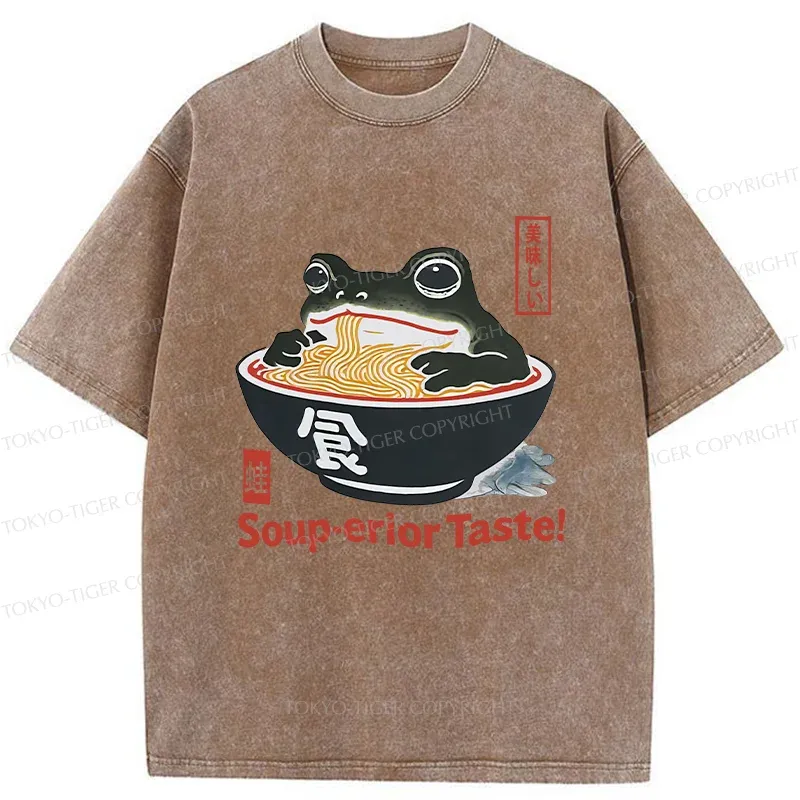 Tokyo-Tiger Retro Frog Eating Ramen Washed T-Shirt