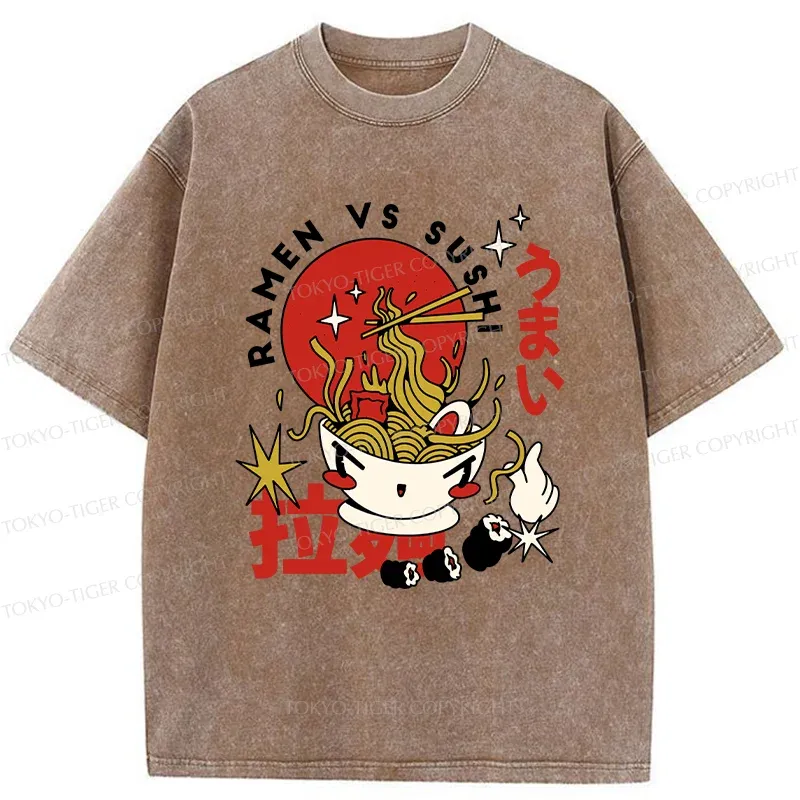 Tokyo-Tiger Retro Ramen And Sushi Washed T-Shirt