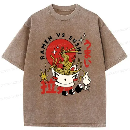 Tokyo-Tiger Retro Ramen And Sushi Washed T-Shirt
