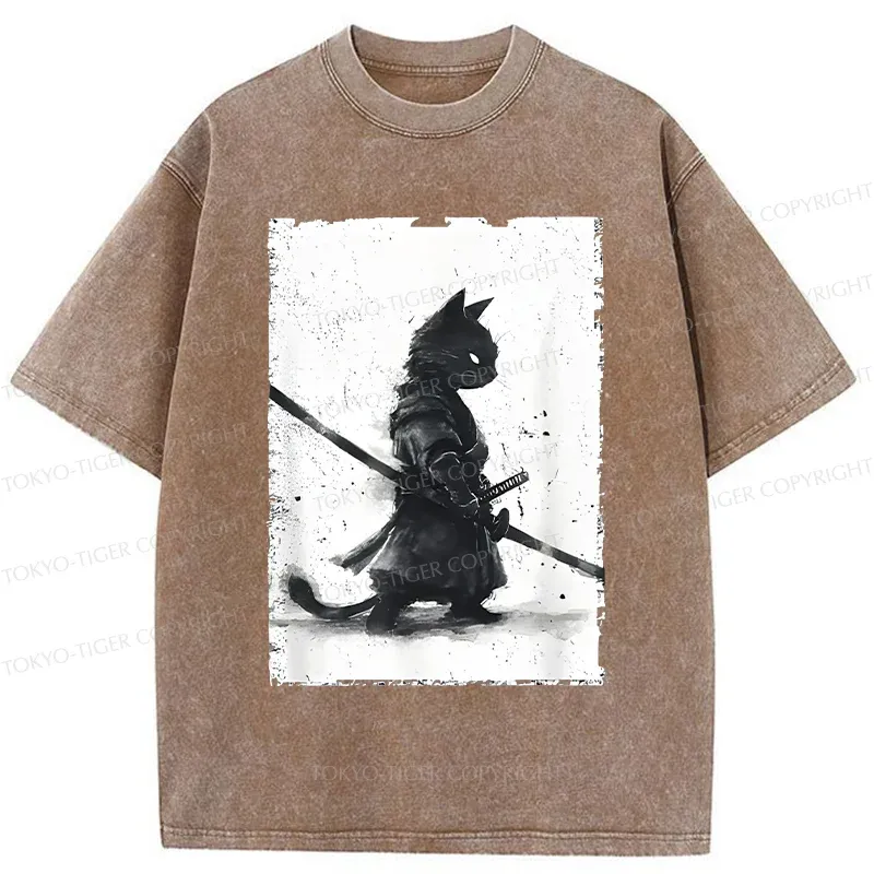 Tokyo-Tiger Retro Cat Samurai Washed T-Shirt