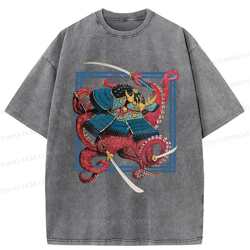 Tokyo-Tiger Samurai Octopus Swinging Sword Washed T-Shirt