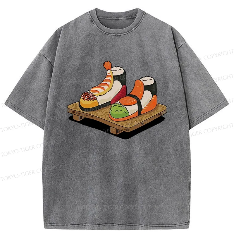 Tokyo-Tiger Funny Sushi Shoes Washed T-Shirt