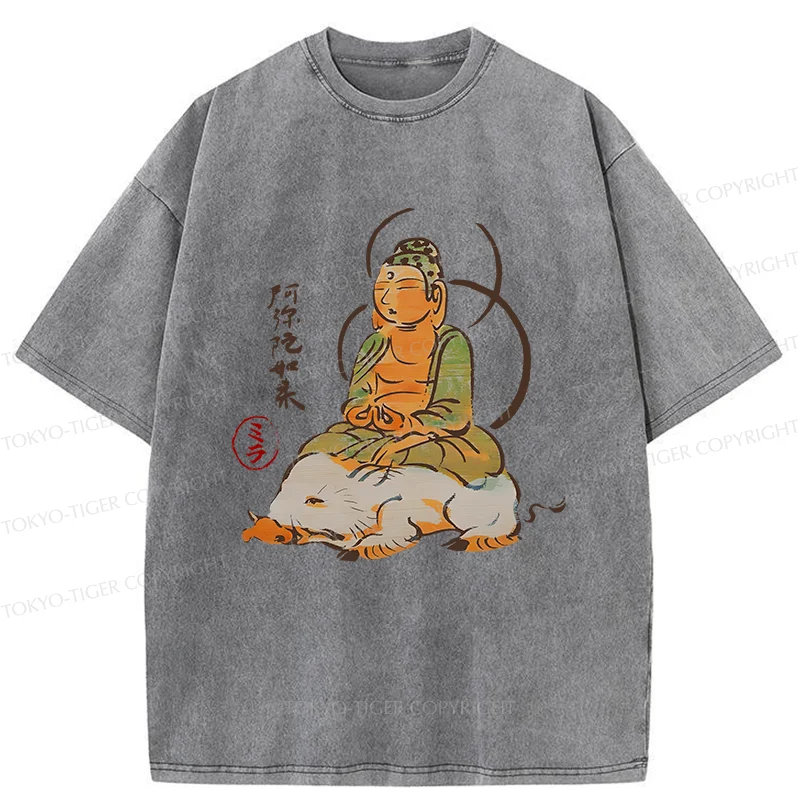 Tokyo-Tiger Buddha Riding A Pig Washed T-Shirt