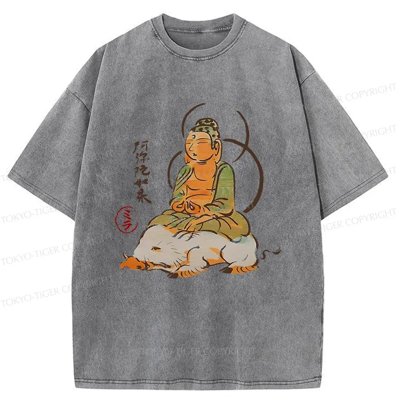Tokyo-Tiger Buddha Riding A Pig Washed T-Shirt